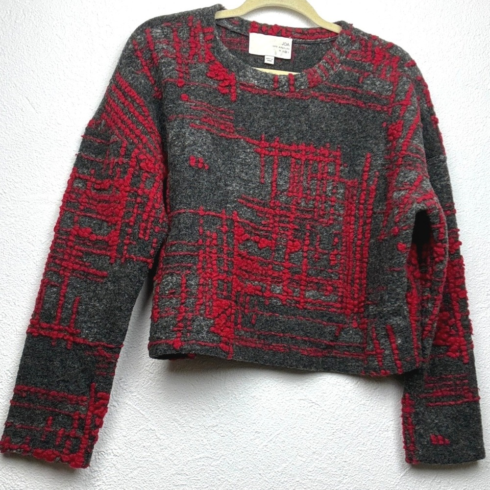 JOA Grey Red Abstract Wool Blend Cropped Sweater - M - Textured Grid BC2597-T